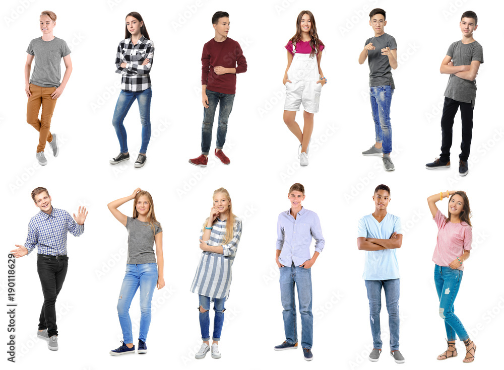 Obraz premium Collage with stylish teenagers on white background