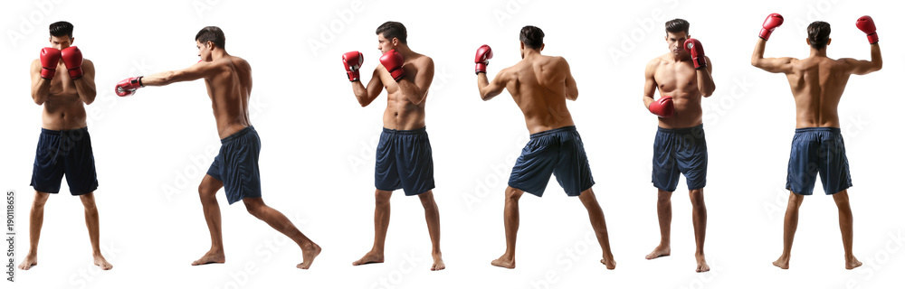 Set of young man with boxing gloves training on white background