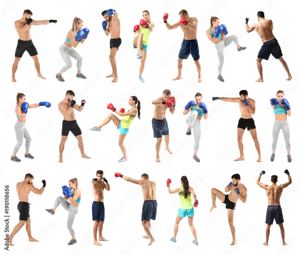 Set of boxers training on white background Set of boxers training on white background