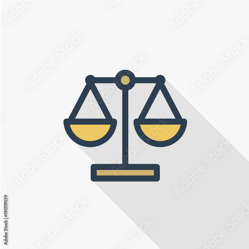 scale, justice, law, thin line flat color icon. Linear vector illustration. Pictogram isolated on white background. Colorful long shadow design.