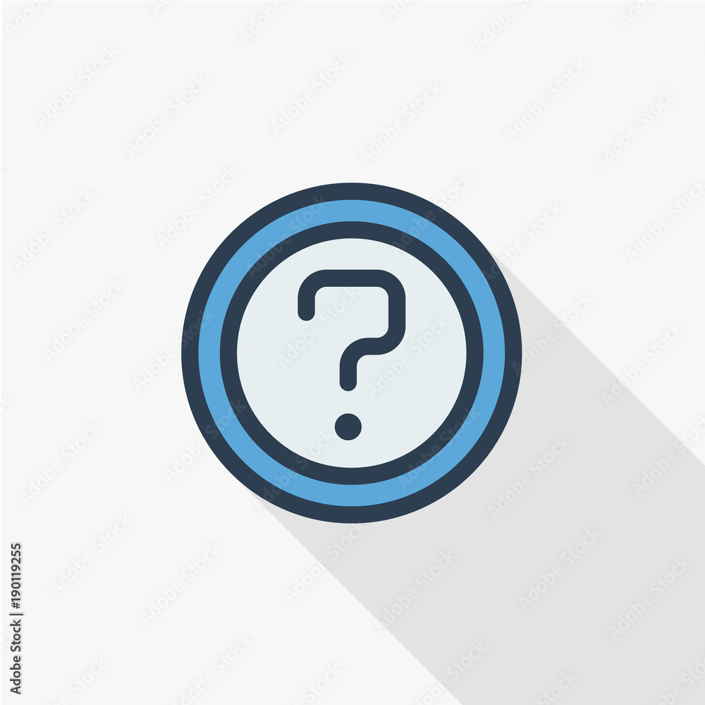 Question mark, FAQ button. Ask for help stamp. Need information. Query thin line flat color icon. Linear vector illustration. Pictogram isolated on white background. Colorful long shadow design. Question mark, FAQ button. Ask for help stamp. Need information. Query thin line flat color icon. Linear vector illustration. Pictogram isolated on white background. Colorful long shadow design.