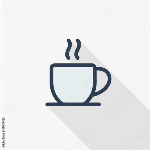 coffee cup thin line flat color icon. Linear vector illustration. Pictogram isolated on white background. Colorful long shadow design.