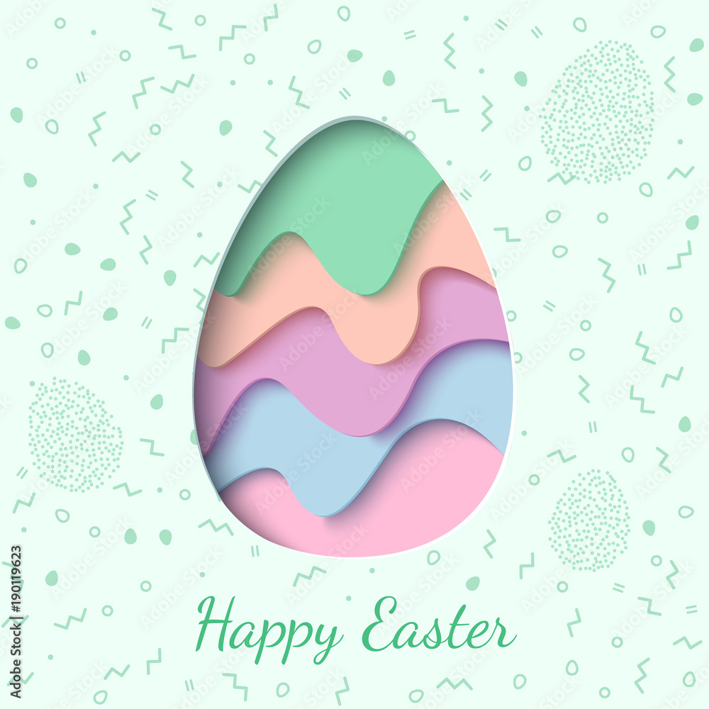 Happy Easter greeting card. 3d paper cut easter egg concept design background. Vector illustration. Paper carving egg shape with shadow Happy Easter greeting card. 3d paper cut easter egg concept design background. Vector illustration. Paper carving egg shape with shadow