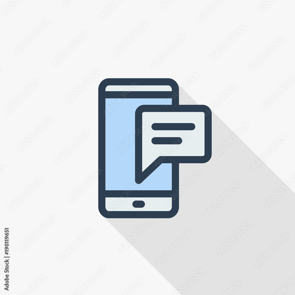 smartphone, mobile phone thin line flat color icon. Linear vector illustration. Pictogram isolated on white background. Colorful long shadow design with message, chat, speech bubble, talk, dialog smartphone, mobile phone thin line flat color icon. Linear vector illustration. Pictogram isolated on white background. Colorful long shadow design with message, chat, speech bubble, talk, dialog