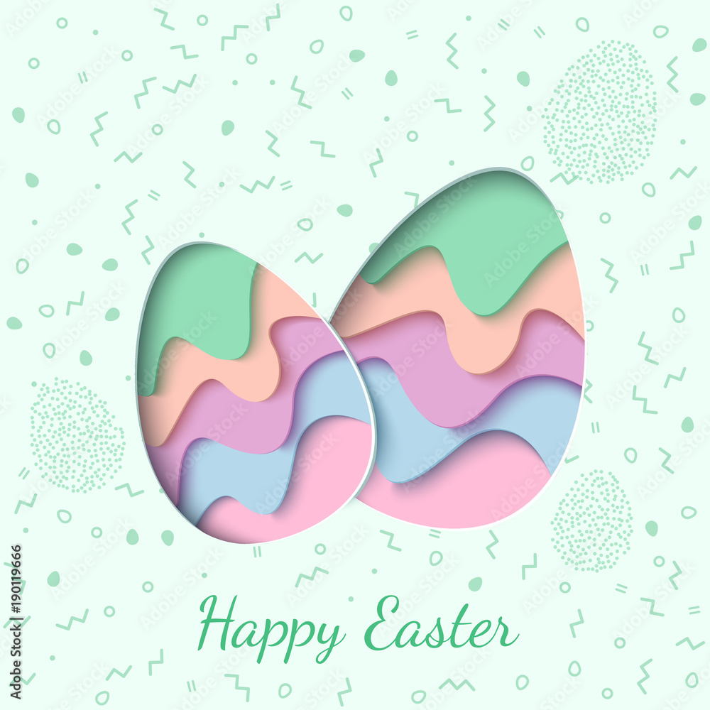 Happy Easter greeting card. 3d paper cut two easter eggs holiday background. Vector illustration. Paper carving egg shape with shadow Happy Easter greeting card. 3d paper cut two easter eggs holiday background. Vector illustration. Paper carving egg shape with shadow