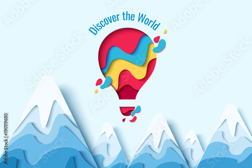 Discover the World paper art concept of hot air balloon in sky with clouds over mountains. Vector travel origami paper cut banner