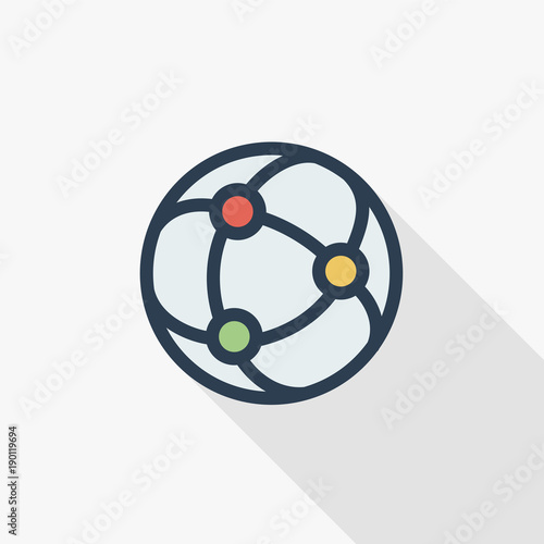 network, social media, global communication, internet thin line flat color icon. Linear vector illustration. Pictogram isolated on white background. Colorful long shadow design.