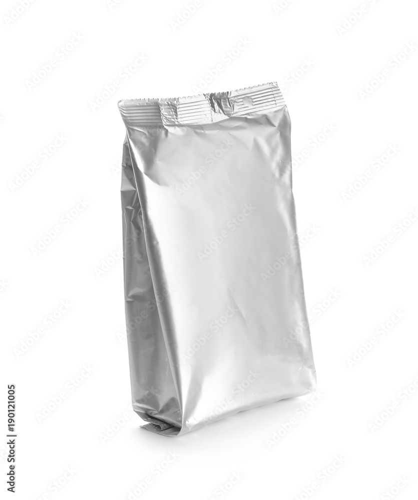 Blank foil pouch on white background. Mockup for design