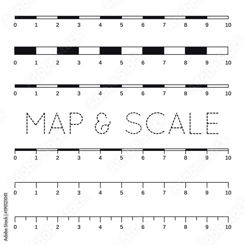 Map scales graphics for measuring distances. Scale measure map vector. Latitude and longitude distance