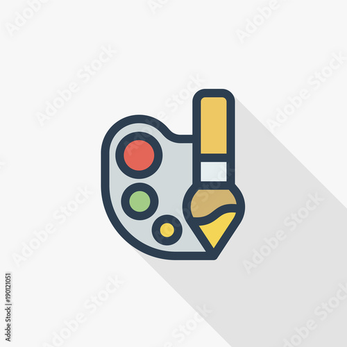 palette and brush thin line flat color icon. Linear vector illustration. Pictogram isolated on white background. Colorful long shadow design.