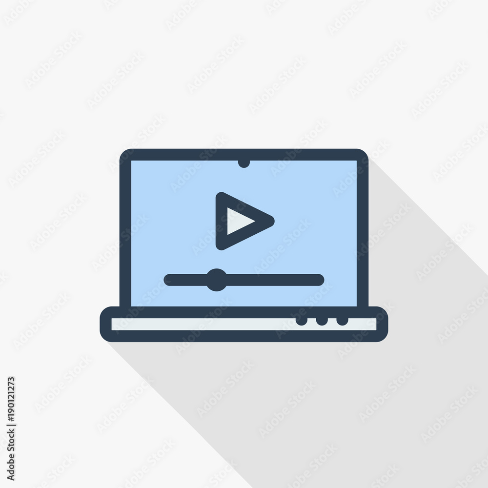 Modern laptop with video player on screen. Online video, watch movies, educational materials, web courses concepts. Long shadow flat design. Vector illustration Modern laptop with video player on screen. Online video, watch movies, educational materials, web courses concepts. Long shadow flat design. Vector illustration