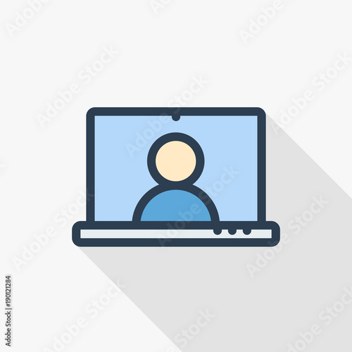 Video chatting online on computer vector illustration, flat cartoon video player window with speaking on laptop, concept of on-line chat app, internet talk call