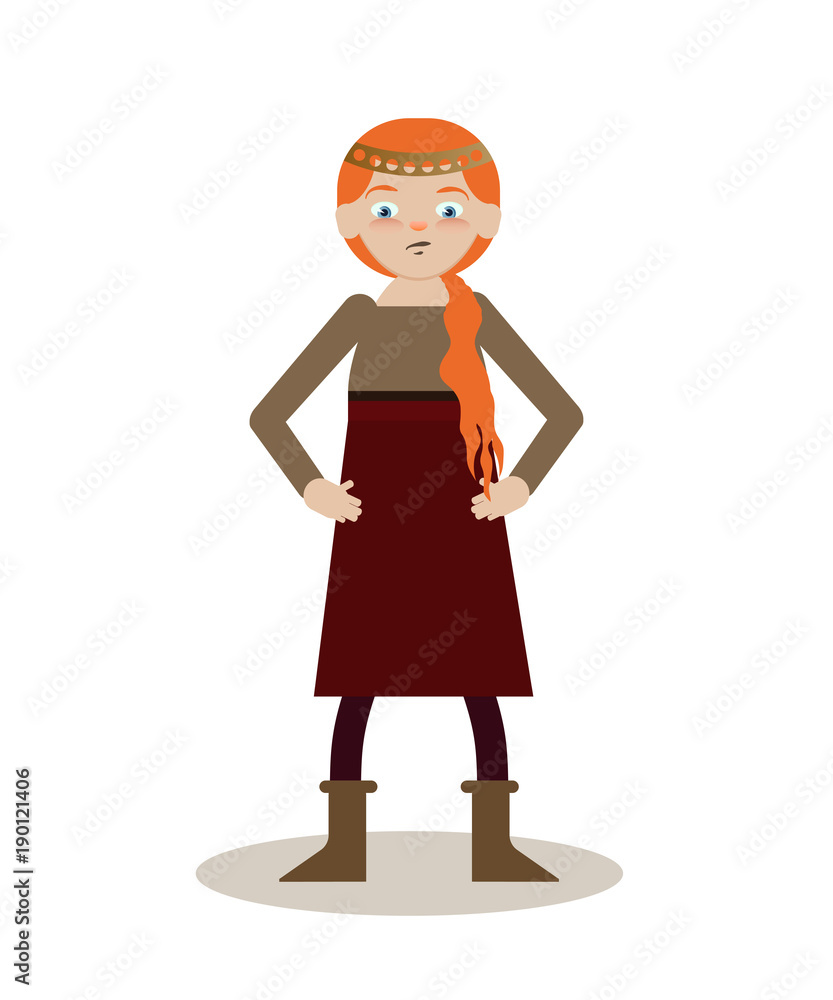 Viking cartoon character. Redheaded teenage girl in red dress. Vector illustration. Flat style. Viking cartoon character. Redheaded teenage girl in red dress. Vector illustration. Flat style.