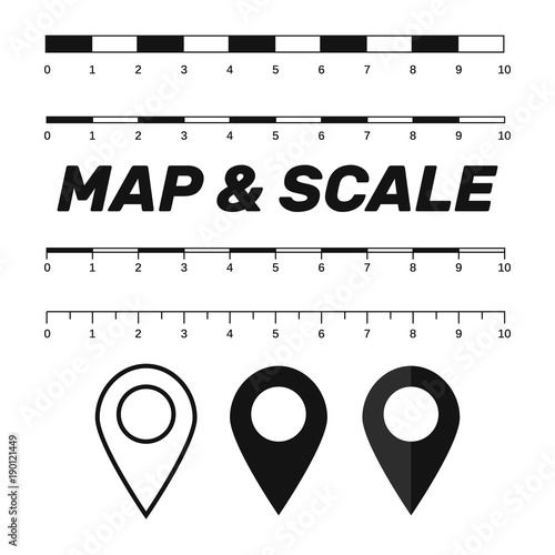 Map scales graphics for measuring distances. Scale measure map vector. Latitude and longitude distance