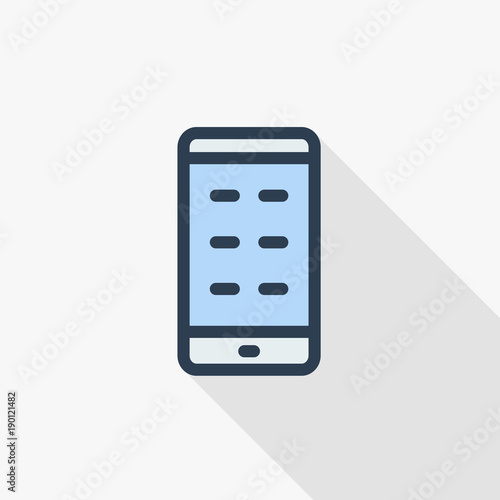 smartphone, mobile phone thin line flat color icon. Linear vector illustration. Pictogram isolated on white background. Colorful long shadow design.