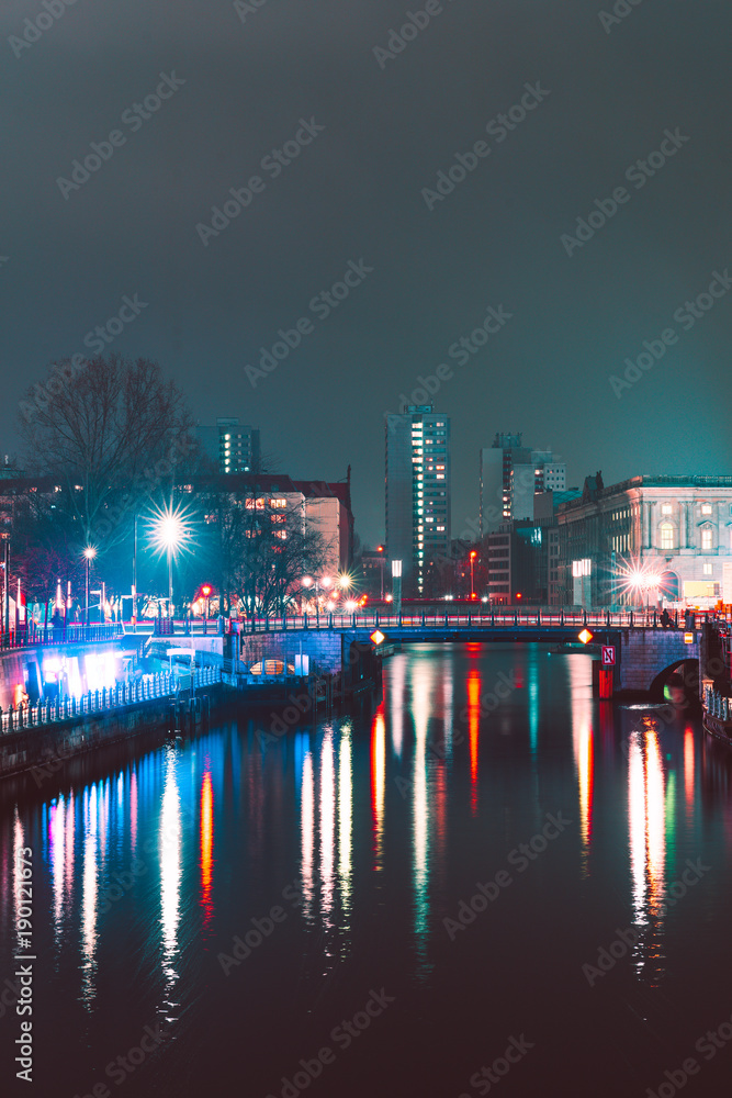 spree river in berlin with luminosity lights at night spree river in berlin with luminosity lights at night