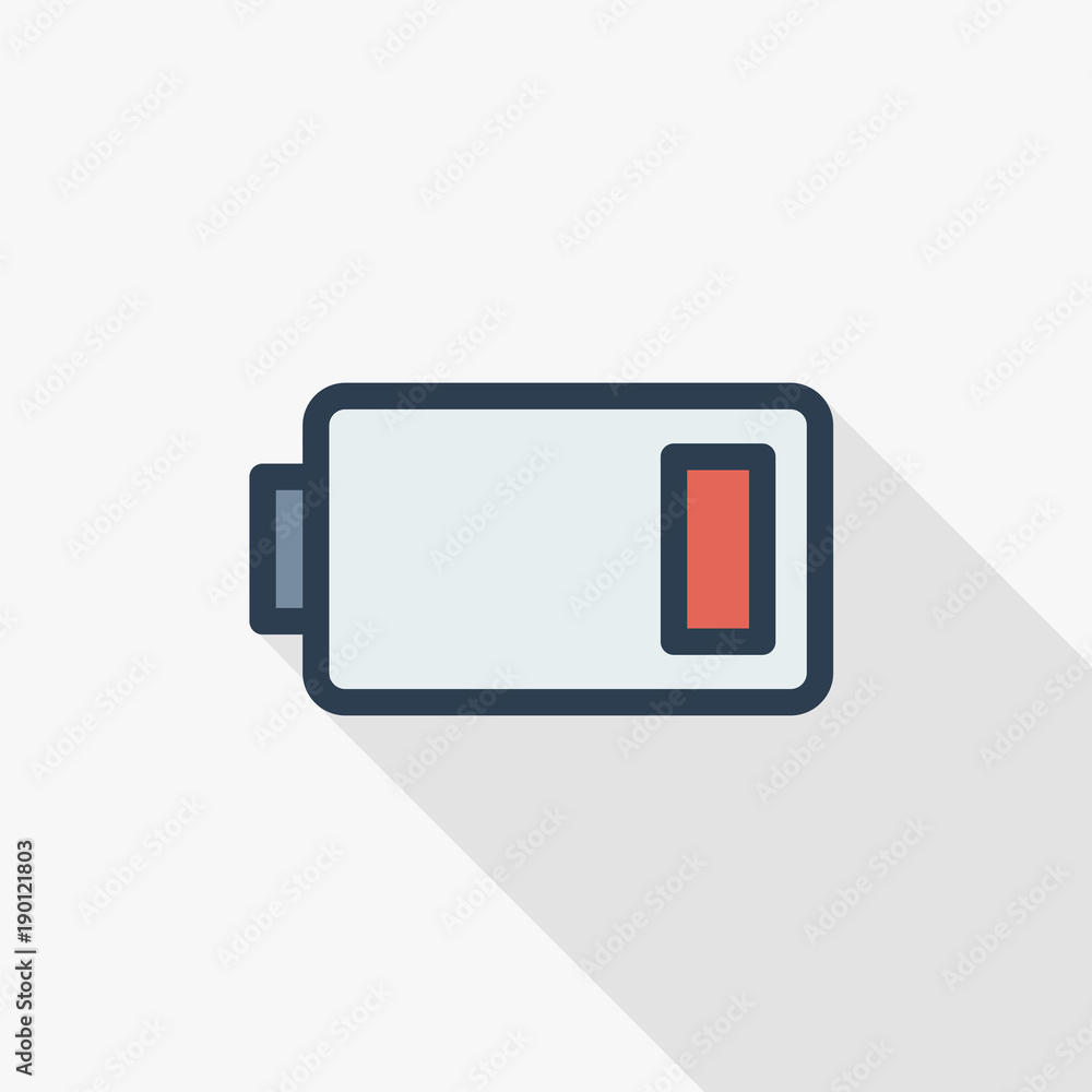 low battery, charge thin line flat color icon. Linear vector illustration. Pictogram isolated on white background. Colorful long shadow design. low battery, charge thin line flat color icon. Linear vector illustration. Pictogram isolated on white background. Colorful long shadow design.