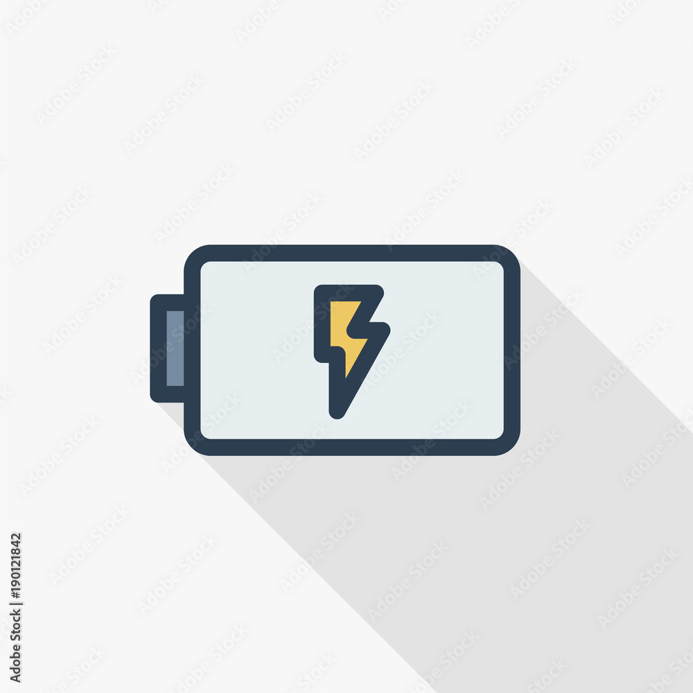 battery charge full thin line flat color icon. Linear vector illustration. Pictogram isolated on white background. Colorful long shadow design battery charge full thin line flat color icon. Linear vector illustration. Pictogram isolated on white background. Colorful long shadow design