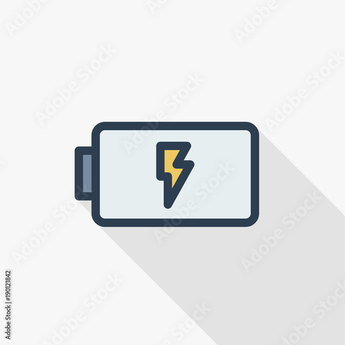 battery charge full thin line flat color icon. Linear vector illustration. Pictogram isolated on white background. Colorful long shadow design