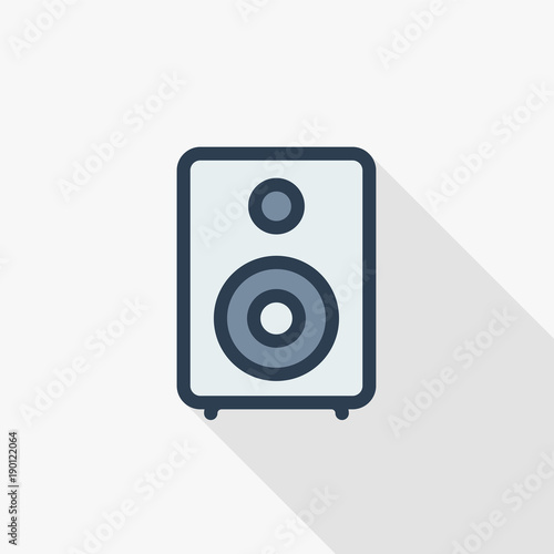 subwoofer speaker thin line flat color icon. Linear vector illustration. Pictogram isolated on white background. Colorful long shadow design.