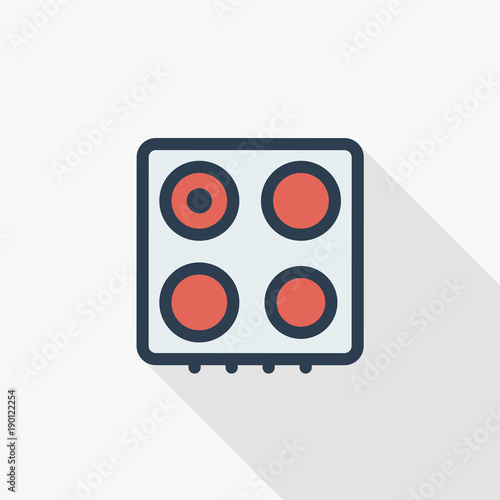 oven stove thin line flat icon. Linear vector illustration. Pictogram isolated on white background. Colorful long shadow design.