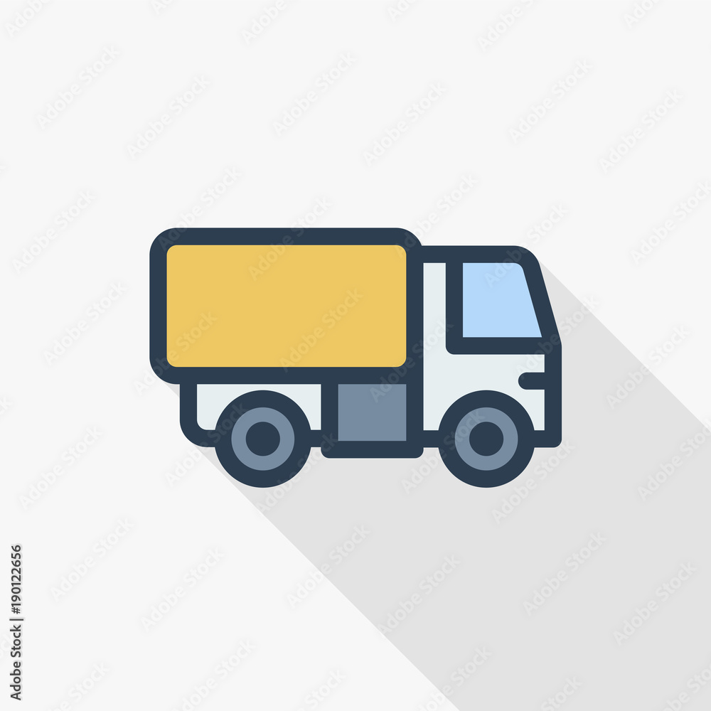 truck cab, van body, container thin line flat color icon. Linear vector illustration. Pictogram isolated on white background. Colorful long shadow design. truck cab, van body, container thin line flat color icon. Linear vector illustration. Pictogram isolated on white background. Colorful long shadow design.