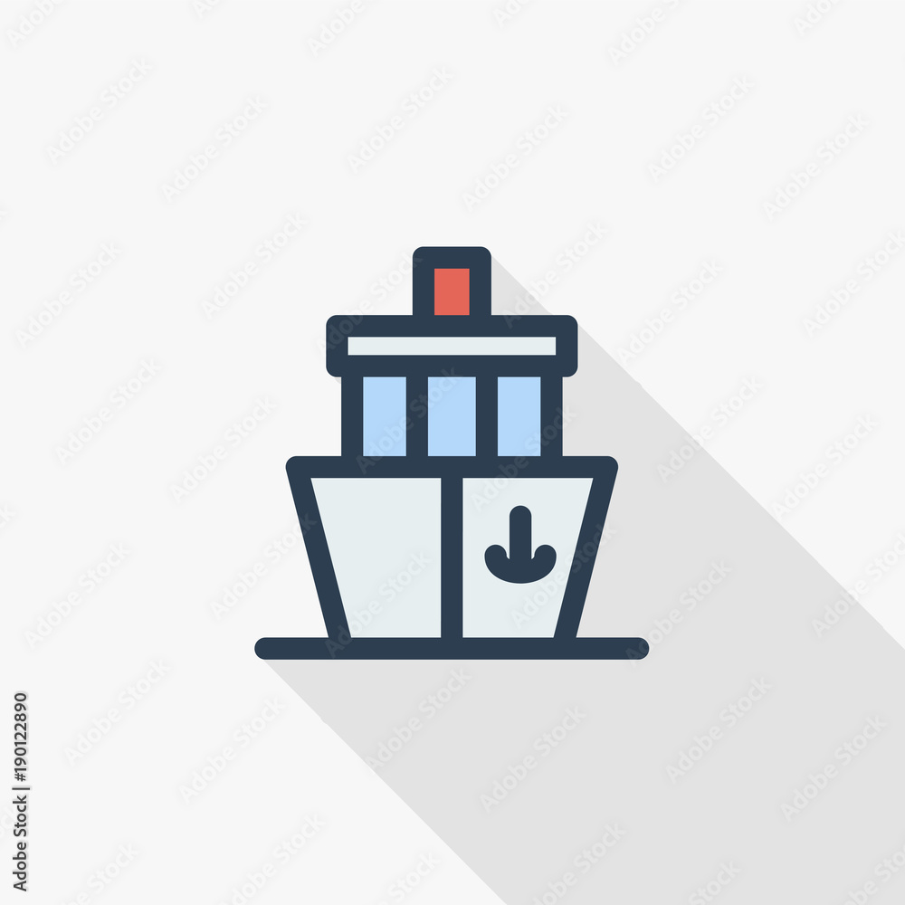 Yacht boat thin line flat color icon. Linear vector illustration. Pictogram isolated on white background. Colorful long shadow design.