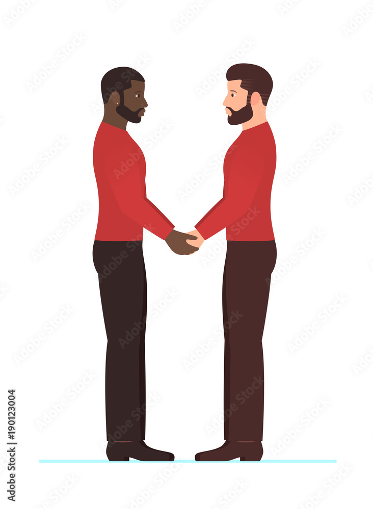 Afro american man and white man, multiracial gay couple in love, holding hands and looking into each others eyes, in full growth standing. Happy Valentines day, engagement or wedding or anniversary.