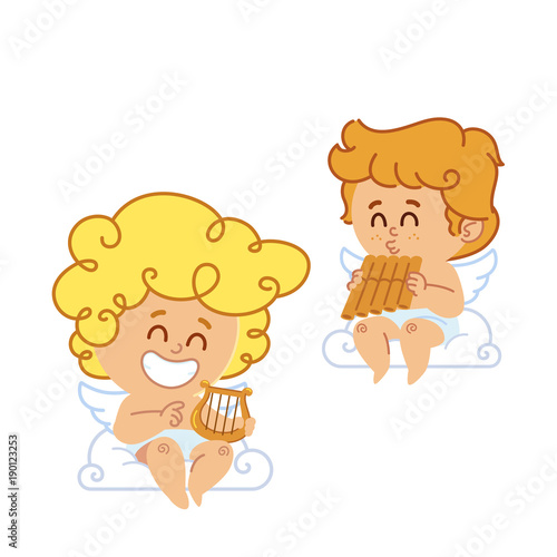 Vector illustration of two little cupids playing musical instruments