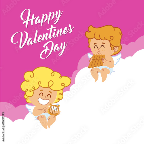 Vector illustration of two little cupids playing musical instruments