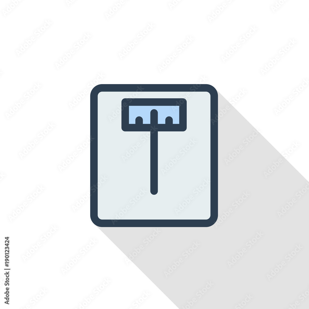 electronic scales, fitness, health thin line flat color icon. Linear vector illustration. Pictogram isolated on white background. Colorful long shadow design. electronic scales, fitness, health thin line flat color icon. Linear vector illustration. Pictogram isolated on white background. Colorful long shadow design.
