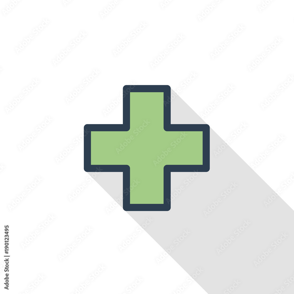 first aid, pharmacy, medical cross thin line flat color icon. Linear vector illustration. Pictogram isolated on white background. Colorful long shadow design. first aid, pharmacy, medical cross thin line flat color icon. Linear vector illustration. Pictogram isolated on white background. Colorful long shadow design.