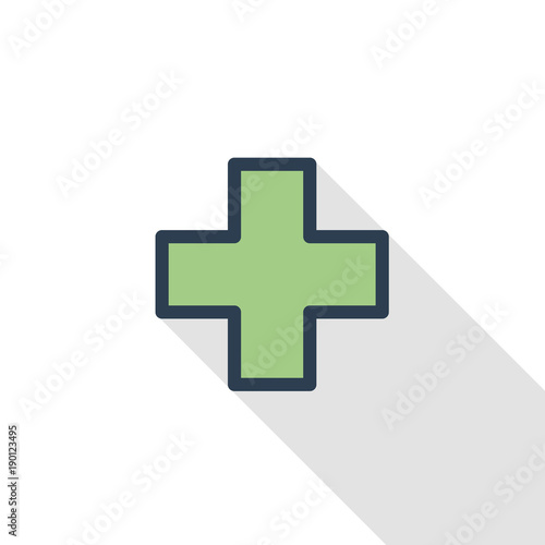 first aid, pharmacy, medical cross thin line flat color icon. Linear vector illustration. Pictogram isolated on white background. Colorful long shadow design.