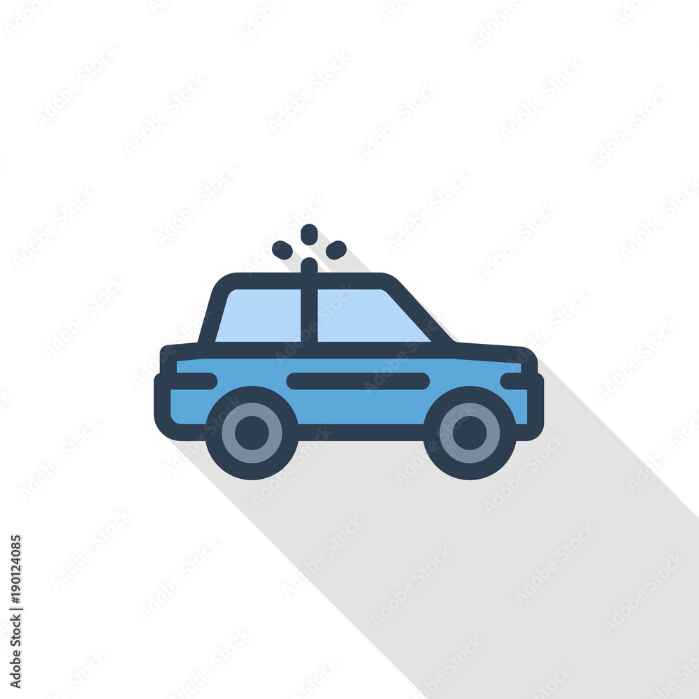 Fototapeta premium police car thin line flat color icon. Linear vector illustration. Pictogram isolated on white background. Colorful long shadow design.