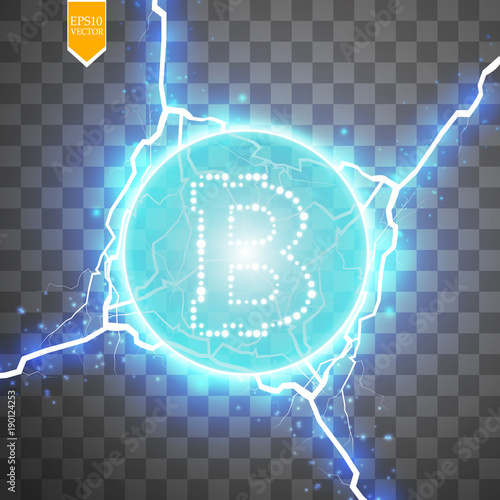 Bitcoin mining, conceptual illustration.. Digital money. Concept design of cryptocurrency. Sign bitcoin on transparent background with generation particles energy. Vector illustration.