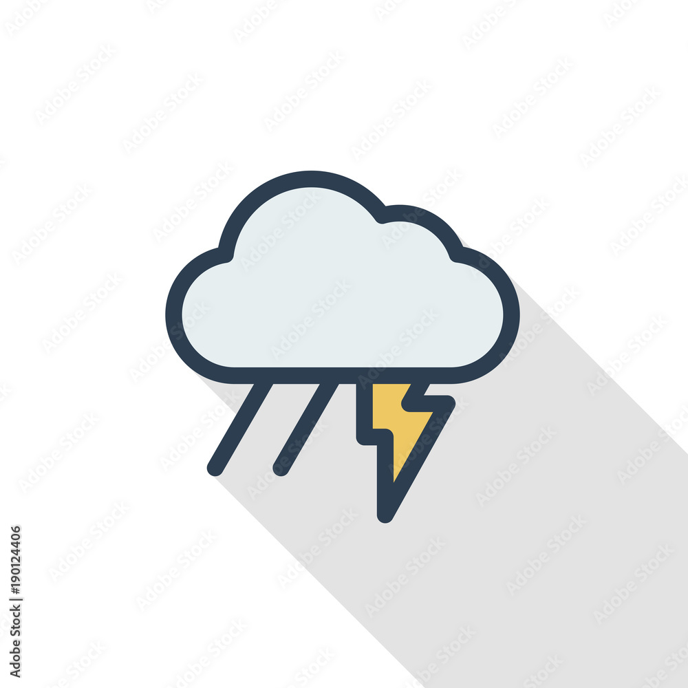 Lightning, thunder storm, rain and cloud thin line flat color icon. Linear vector illustration. Pictogram isolated on white background. Colorful long shadow design. Lightning, thunder storm, rain and cloud thin line flat color icon. Linear vector illustration. Pictogram isolated on white background. Colorful long shadow design.