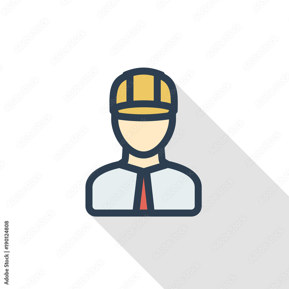 Engineer avatar, architect in helmet thin line flat color icon. Linear vector illustration. Pictogram isolated on white background. Colorful long shadow design.