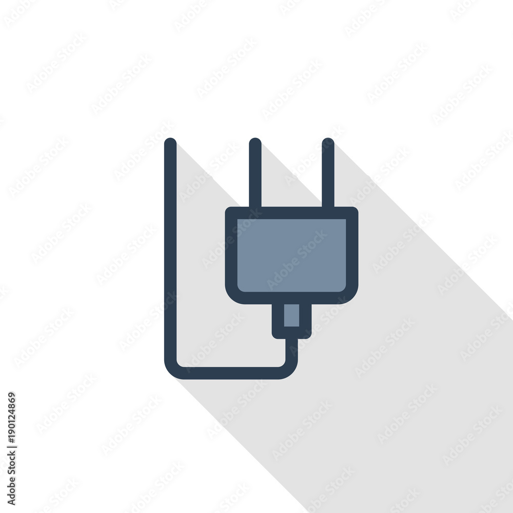 Electric Plug thin line flat color icon. Linear vector illustration. Pictogram isolated on white background. Colorful long shadow design. Electric Plug thin line flat color icon. Linear vector illustration. Pictogram isolated on white background. Colorful long shadow design.