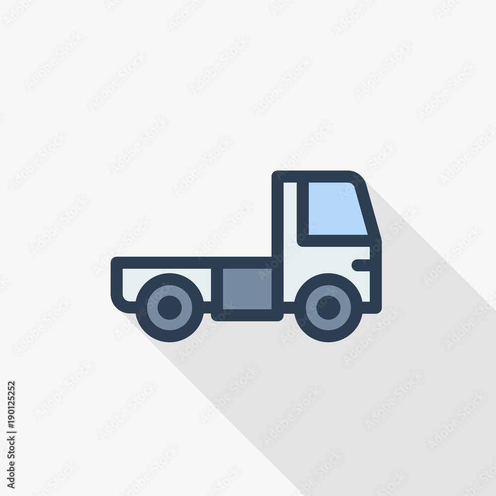 truck cab, van body thin line flat color icon. Linear vector illustration. Pictogram isolated on white background. Colorful long shadow design.