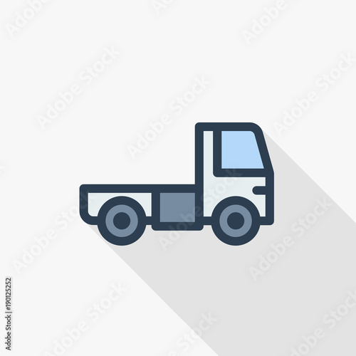 truck cab, van body thin line flat color icon. Linear vector illustration. Pictogram isolated on white background. Colorful long shadow design.