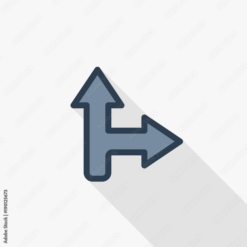 Arrow cross, turn right thin line flat color icon. Linear vector illustration. Pictogram isolated on white background. Colorful long shadow design. Arrow cross, turn right thin line flat color icon. Linear vector illustration. Pictogram isolated on white background. Colorful long shadow design.