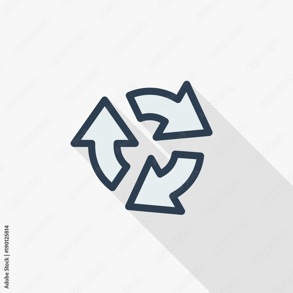 Refresh three arrow rotate thin line flat color icon. Linear vector illustration. Pictogram isolated on white background. Colorful long shadow design. Refresh three arrow rotate thin line flat color icon. Linear vector illustration. Pictogram isolated on white background. Colorful long shadow design.