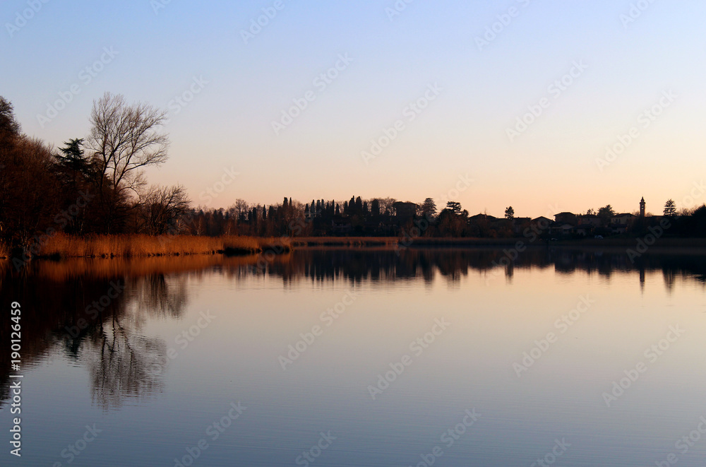Trees reflections on a water surface of a lake at dusk