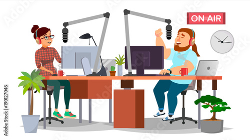 Radio DJ Man And Woman Vector. Broadcasting. Modern Radio Station Studio. Speak Into The Microphone. On Air. Broadcasting. Isolated Flat Cartoon Illustration