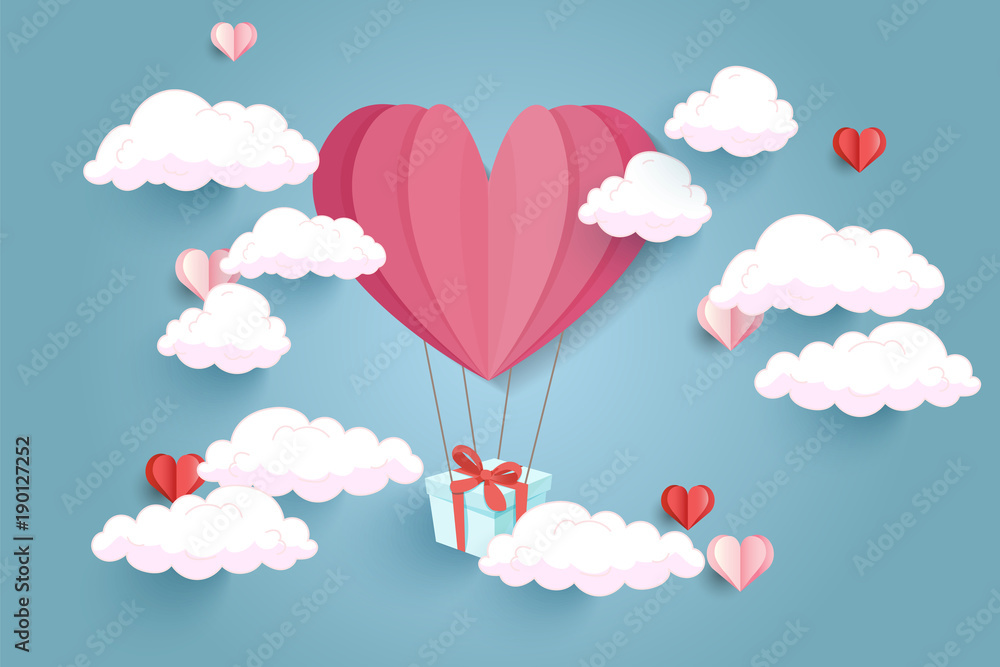 Vector design of love, valentines day and womens day. Balloon heart shape hang the gift box float on the sky. Paper art style Vector design of love, valentines day and womens day. Balloon heart shape hang the gift box float on the sky. Paper art style