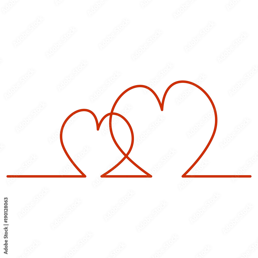Continuous Line Two Hearts Shape for Valentine's Day. Vector illustration of a hearts isolated on white background. Continuous Line Two Hearts Shape for Valentine's Day. Vector illustration of a hearts isolated on white background.