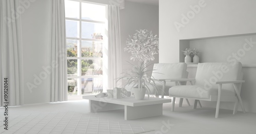 Fototapeta Naklejka Na Ścianę i Meble -  Idea of white room with armchair and summer landscape in window. Scandinavian interior design. 3D illustration
