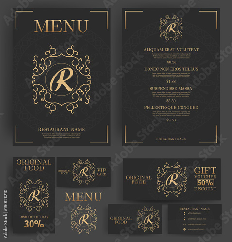 Restaurant menu template. Elegant black and luxury gold. Branding. Business card, flyer, vip card and gift voucher. Vector design.