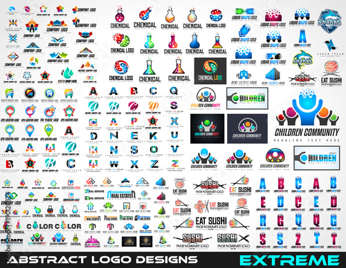 Large Collection of logos for brand design, logotype prototype of different kind like real estate, chemical etc.