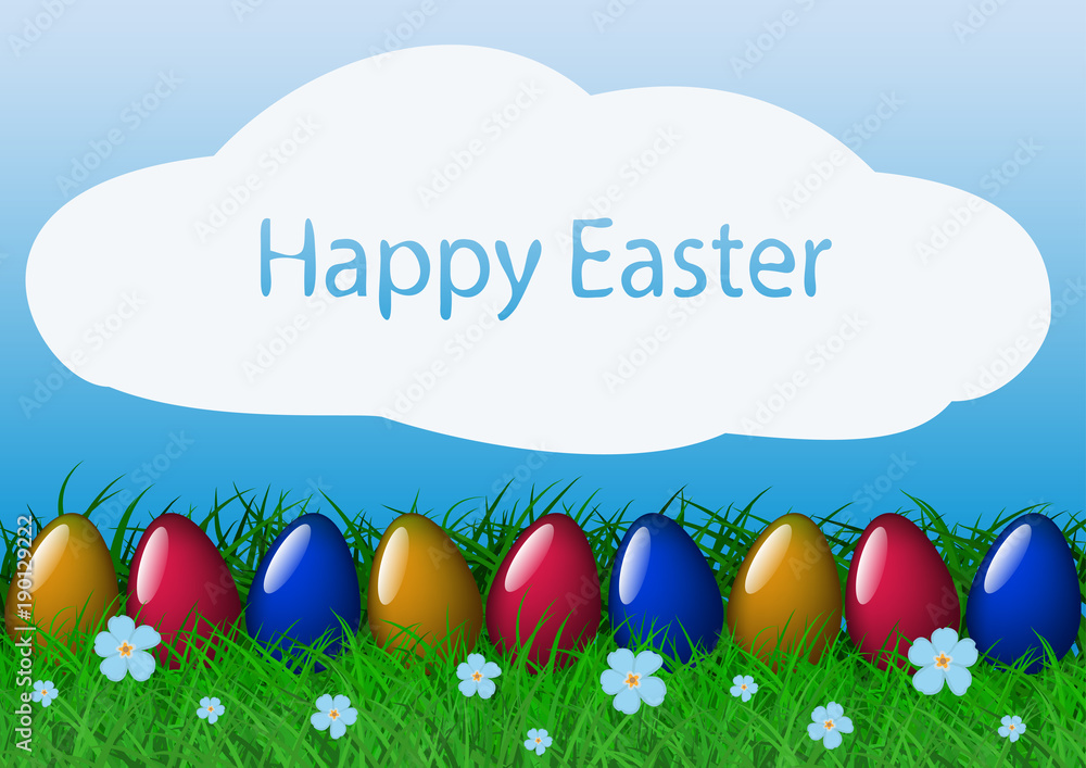 Vector illustration easter banner with grass, colored eggs and sunlight effect in blue sky.
